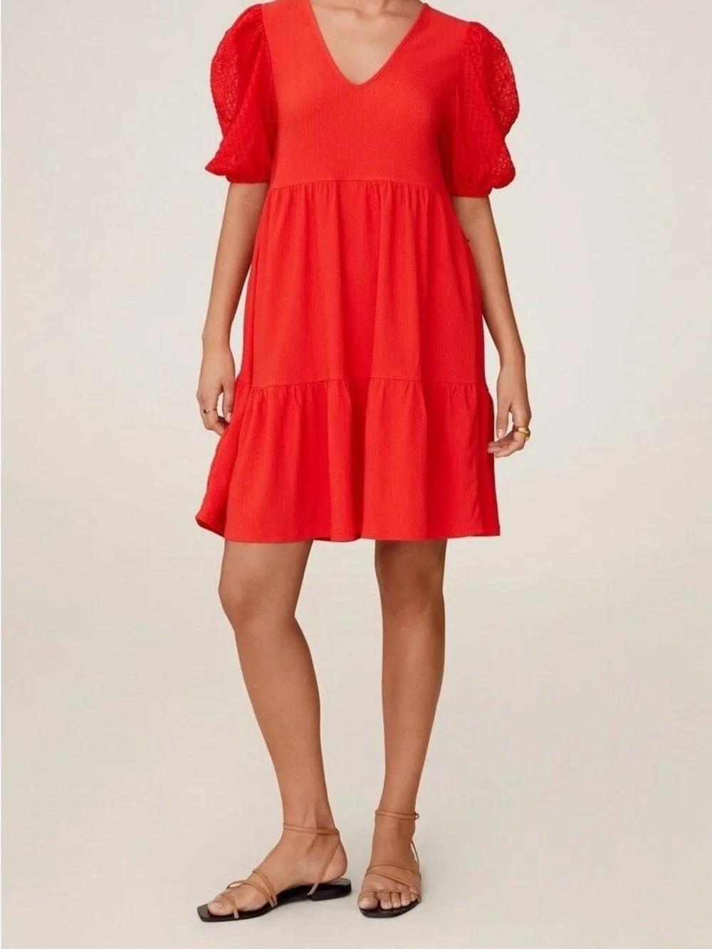 Mango Bright Red V-Neck Puff Sleeve Tiered Mini Dress | NWT | Size 2